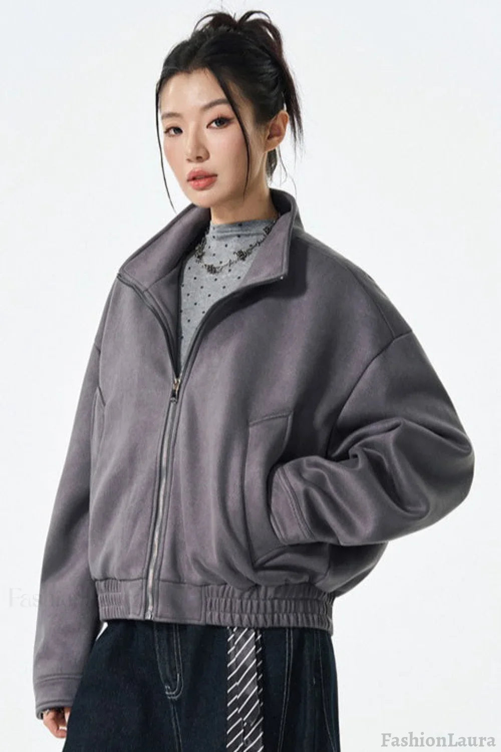 PU Leather Moto Style Longline Jacket S / Grey