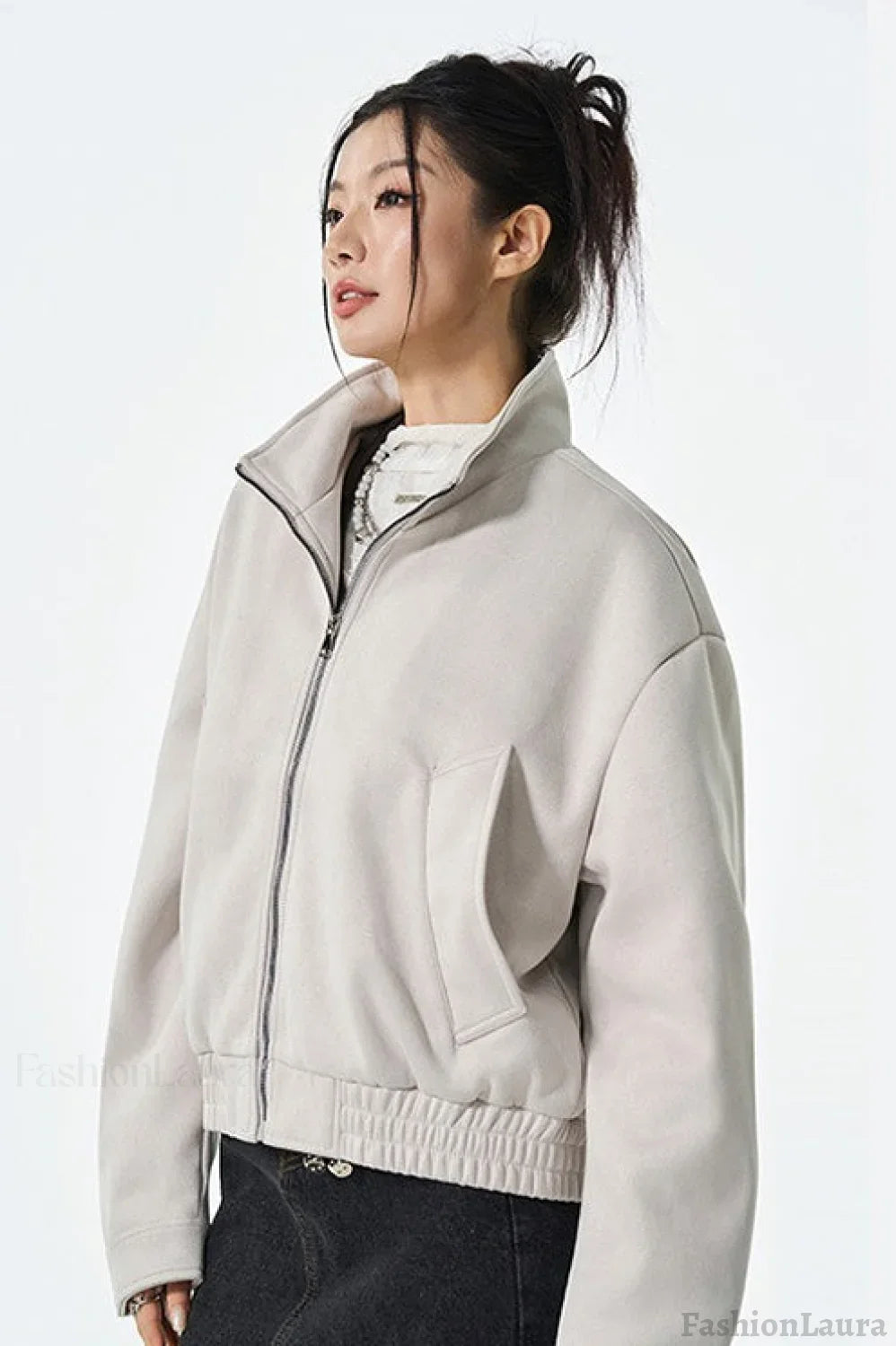 PU Leather Moto Style Longline Jacket S / Ivory