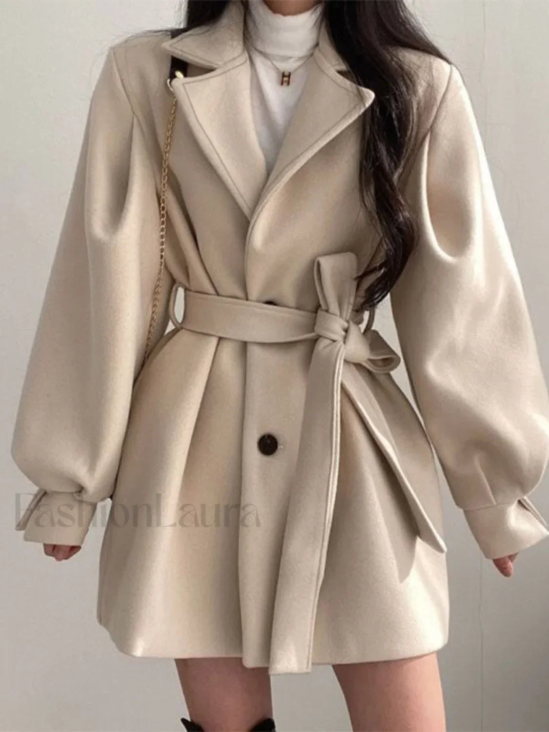 Puff Sleeve Belted Woolen Coat Apricot / S Coat