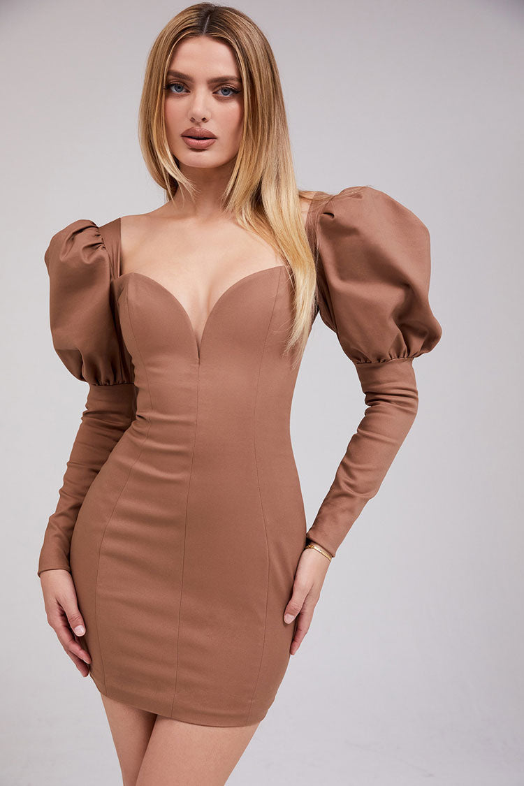 Puff Sleeve Deep V-Neck Bodycon Party Mini Dress