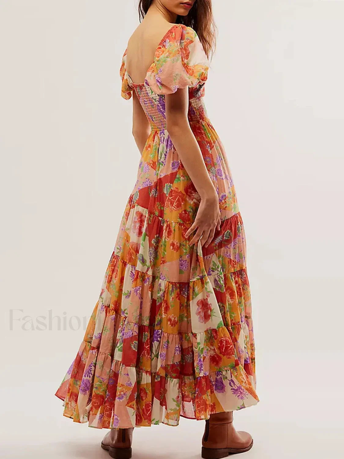 Puff Sleeve Floral Flowy Maxi Dress