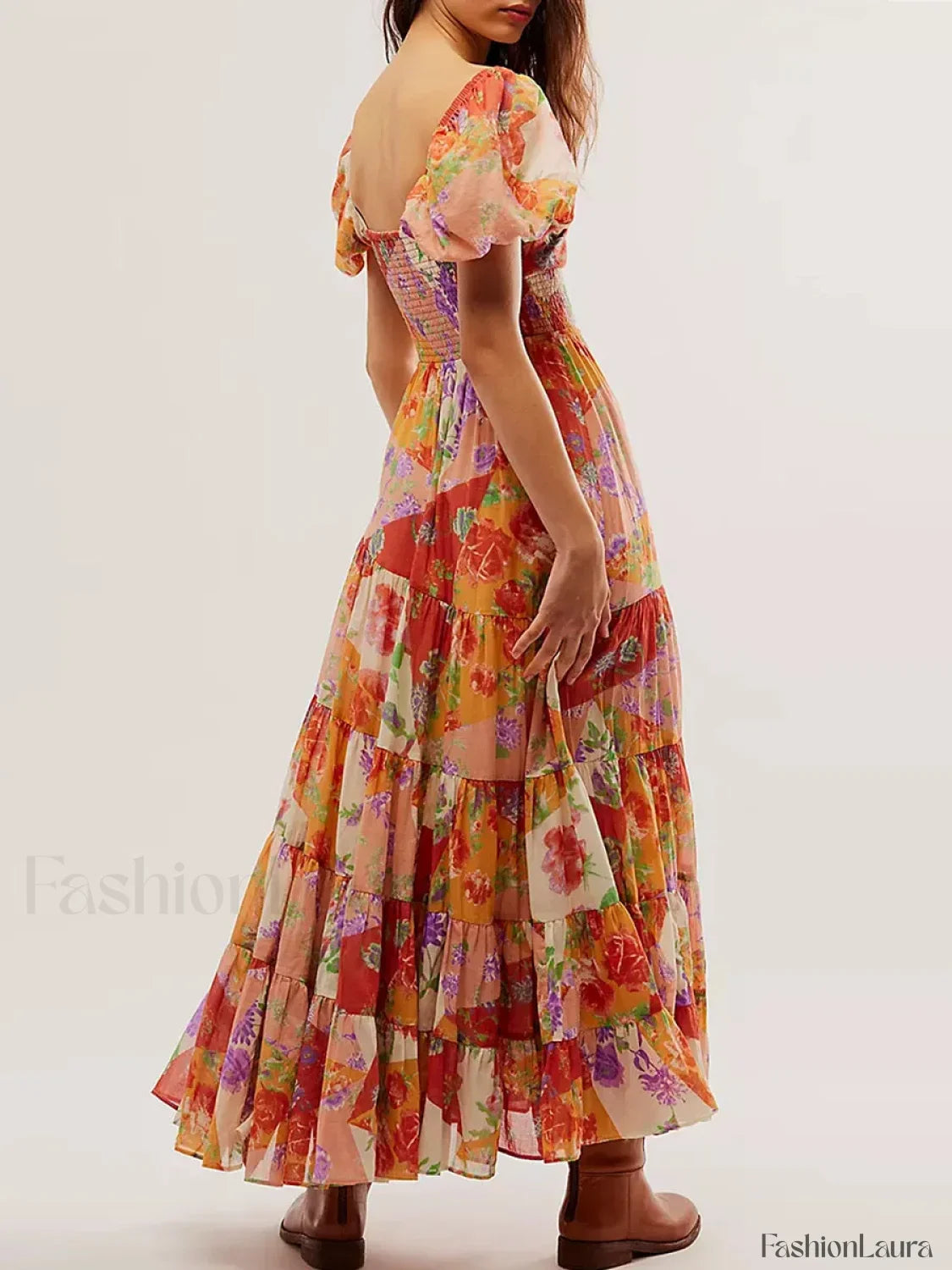 Puff Sleeve Floral Flowy Maxi Dress