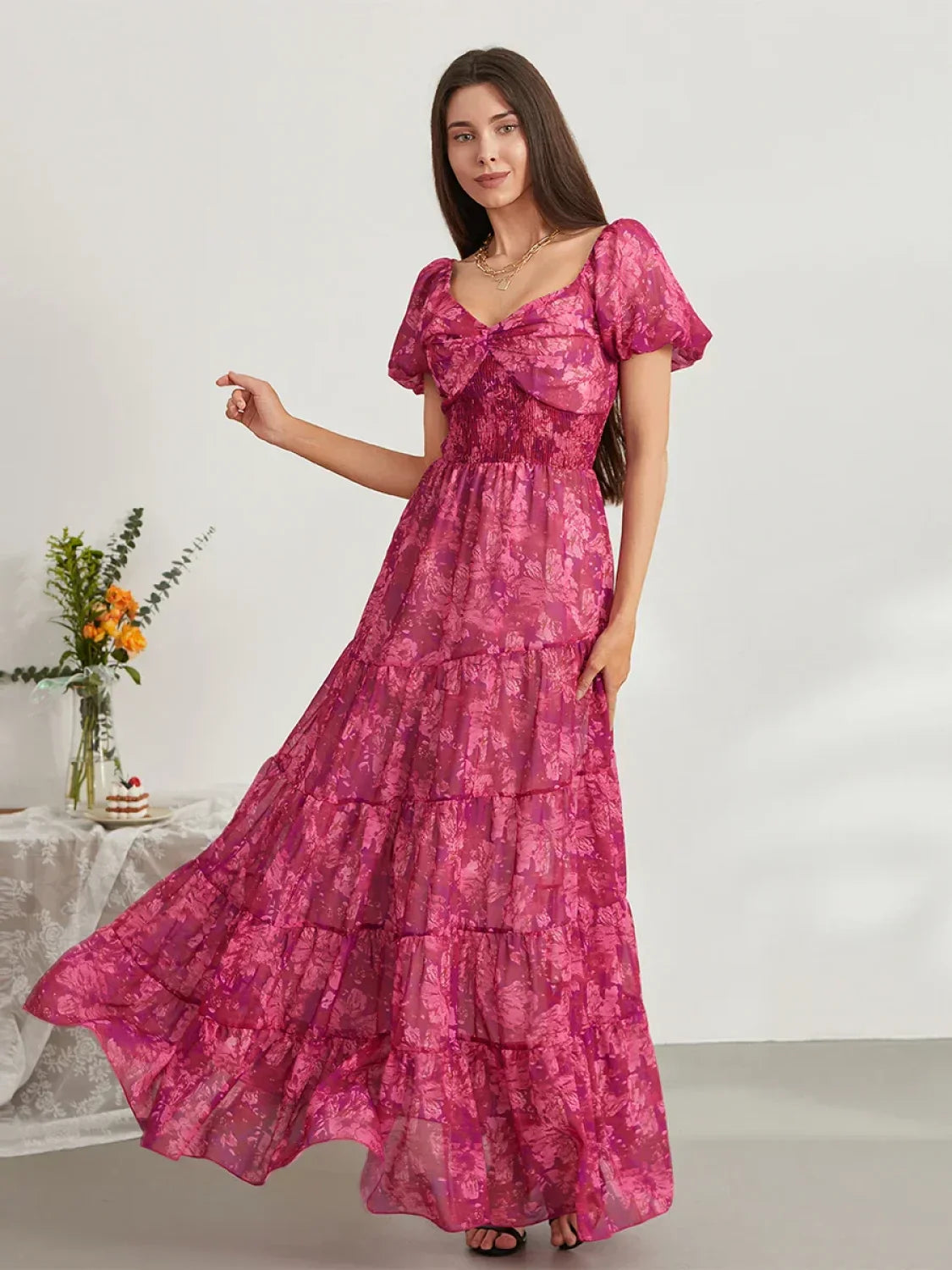 Puff Sleeve Floral Flowy Maxi Dress