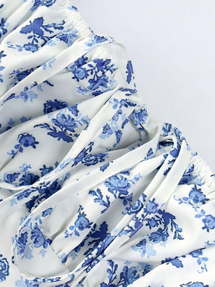 Blue Retro Puff Sleeve Floral Maxi Dress