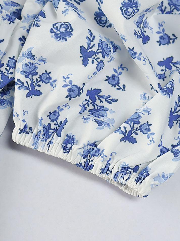 Blue Retro Puff Sleeve Floral Maxi Dress