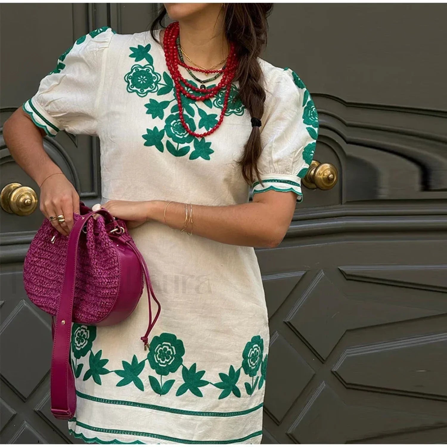 Puff-Sleeve Wave-Hem Boho Dress