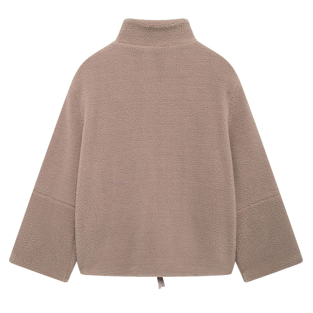 Puffy High Collar Two Way Zip Up Cargo Pocket Long Sleeve Teddy Fleece Jacket