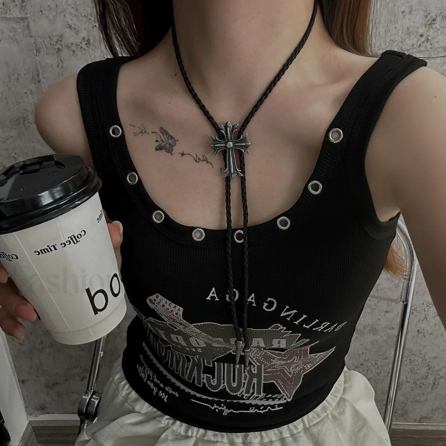 Punk Leather Black Cross Rope Woven Necklace SILVER