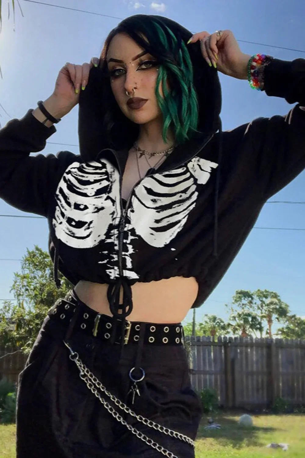 Punk Style Skeleton Print Hoodie Black / S