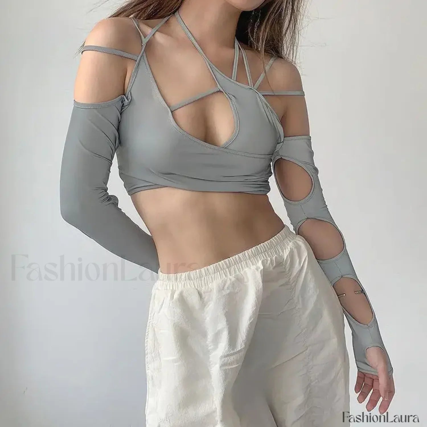 Punk Y2K Gothic Slim Fit Hollow Out Long Sleeve T-shirt Crop Top