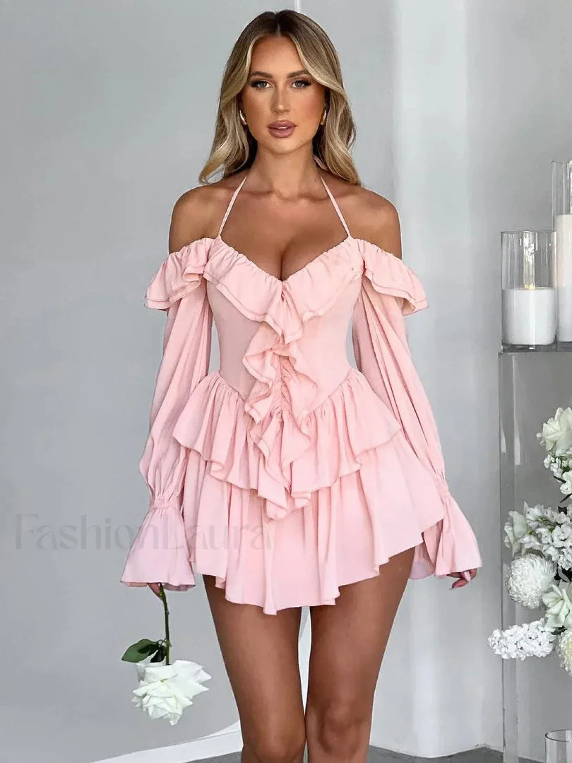 Pure Color Flare Sleeve Mini Dress