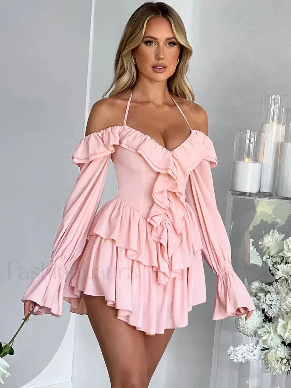 Pure Color Flare Sleeve Mini Dress