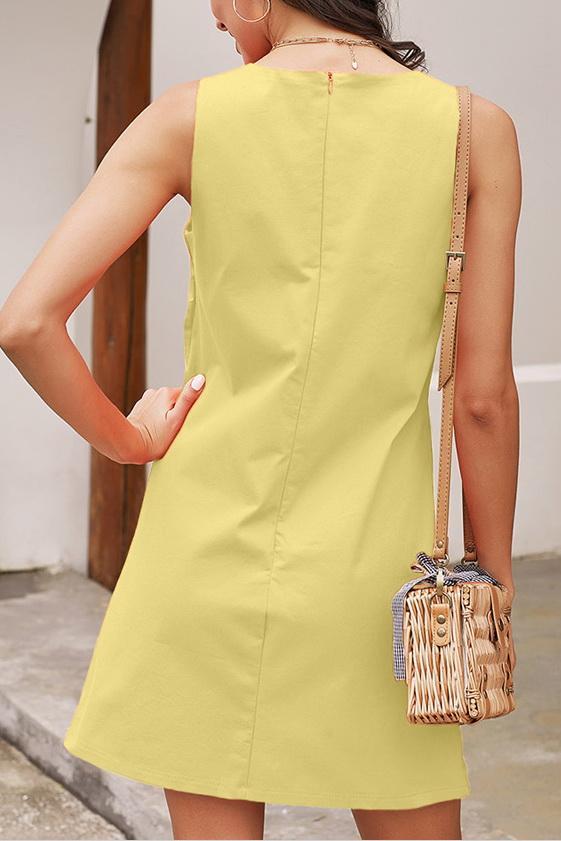 Printed Round Collar Sleeveless Pocket Dress