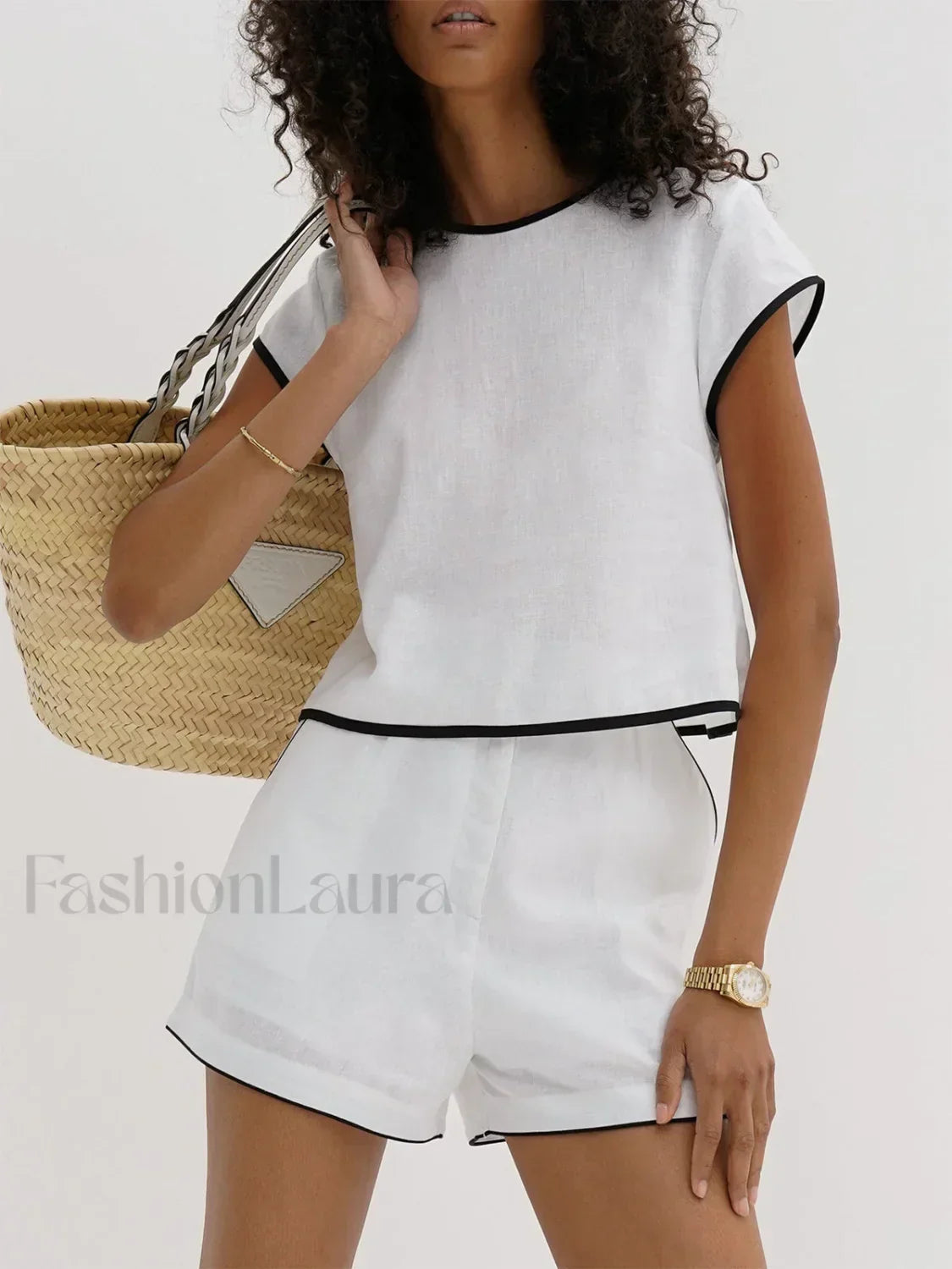 Pure Cotton Contrast Trim Shorts Set White / XS Short Sets