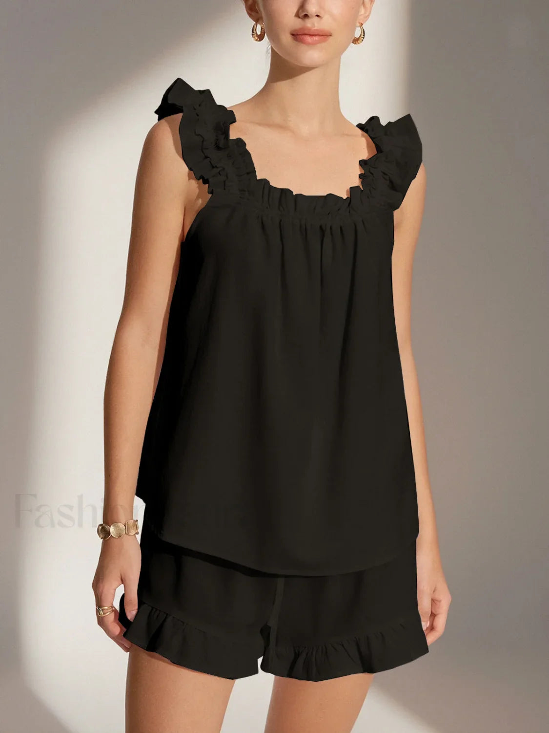 Pure Cotton Ruffle Shorts Set Black / XS Short Sets