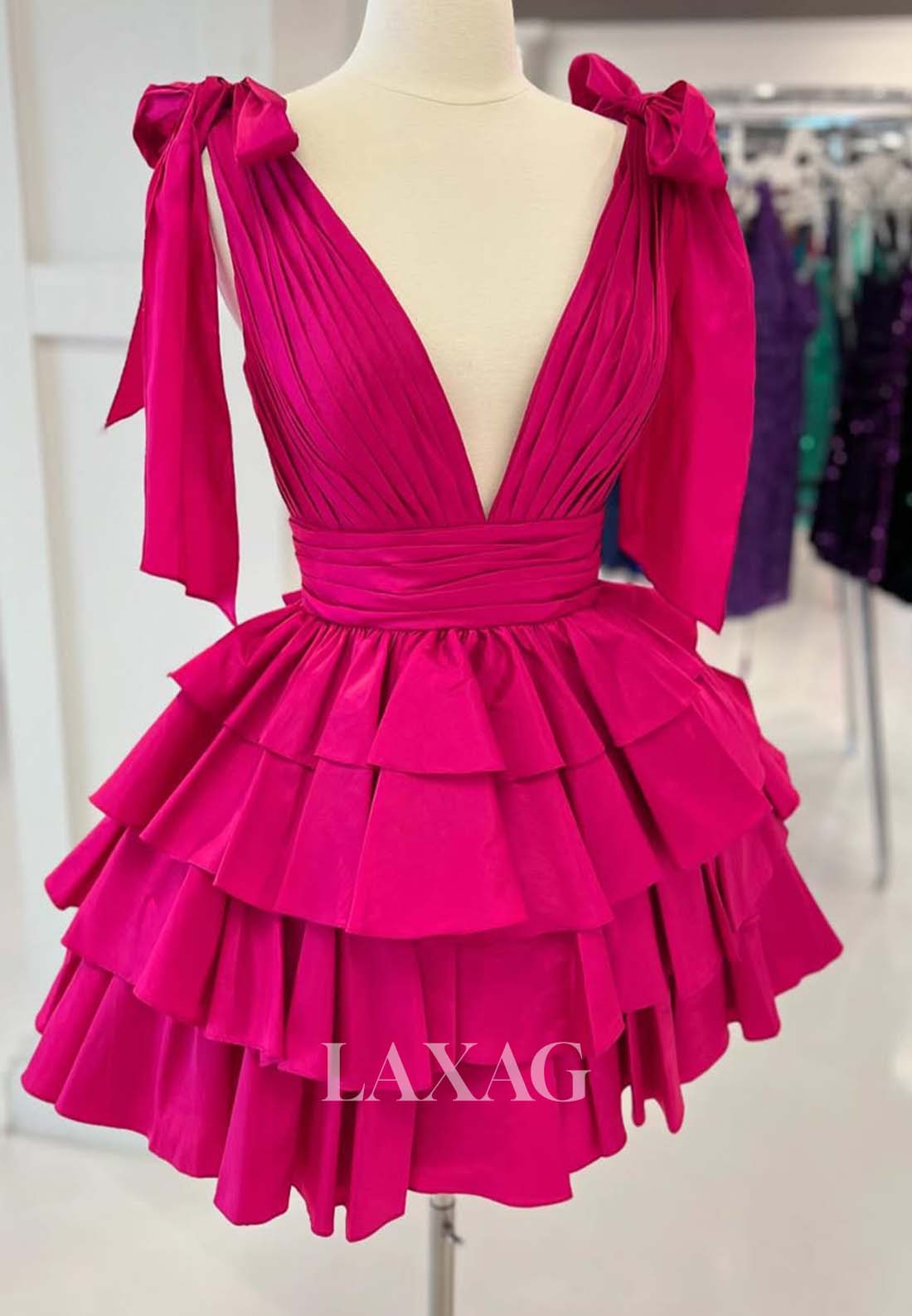 Deep V-Neck Bows-Straps Sleeveless Pleated Satin Tiered A-Line Party Homecoming Dress
