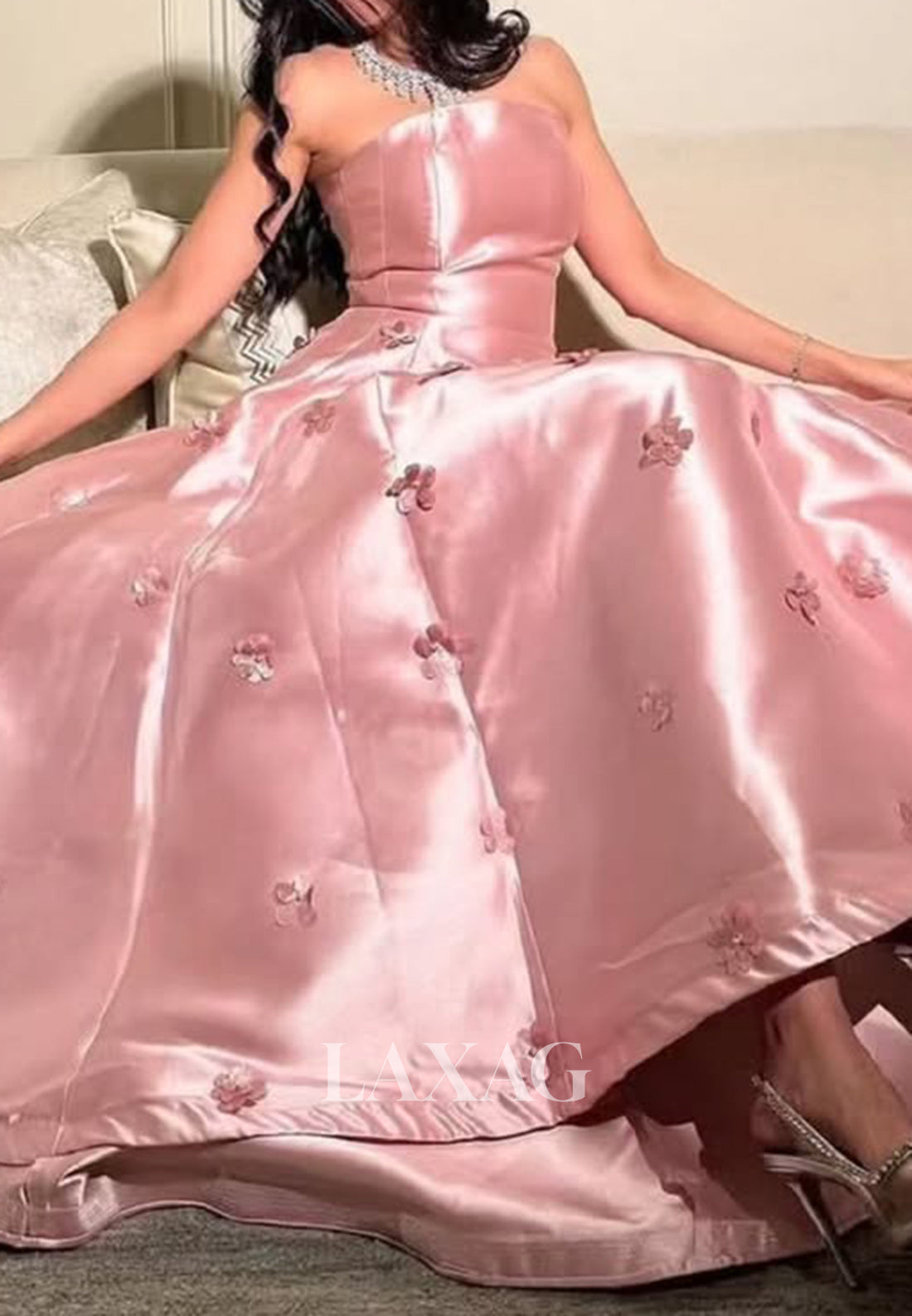 Sleeveless Pleated Satin Tea-Length Formal Gowns Tube Top Off-Shoulder Beaded A-Line Evening Dress