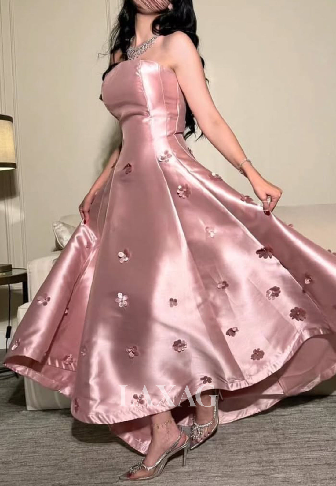 Sleeveless Pleated Satin Tea-Length Formal Gowns Tube Top Off-Shoulder Beaded A-Line Evening Dress