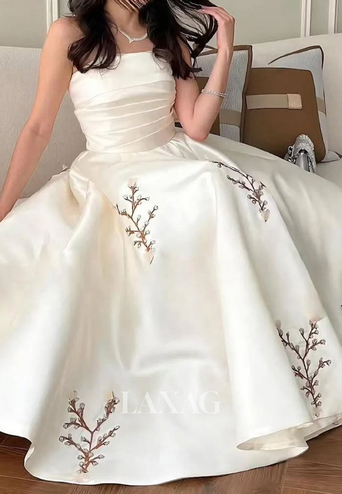 Tube Top Off-Shoulder Sleeveless A-Line Evening Dress Pleated Satin Tea-Length Formal Gowns
