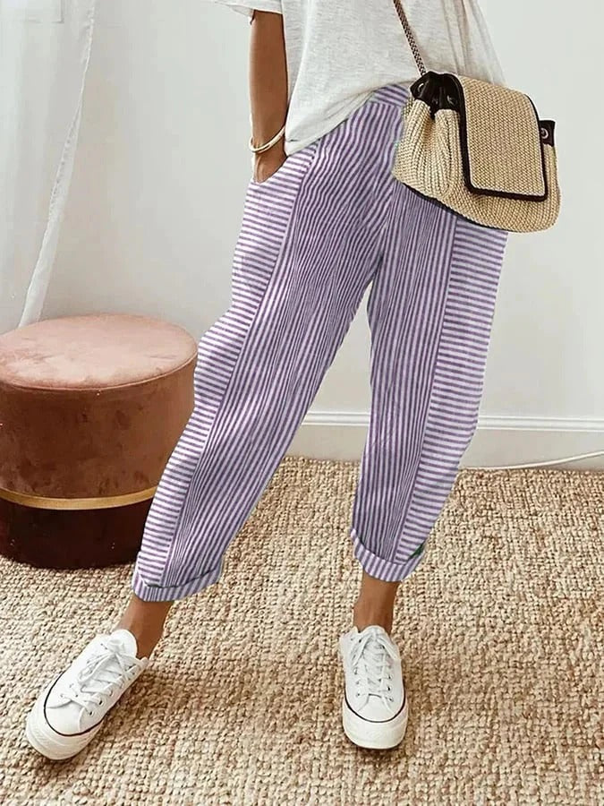Striped High Waist Cuffed Hem Tapered Pants