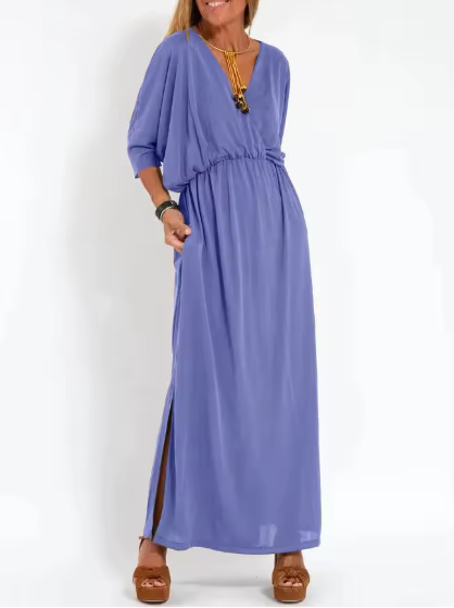 V-Neck Batwing Sleeve Elastic Waist Pocket Maxi Dress