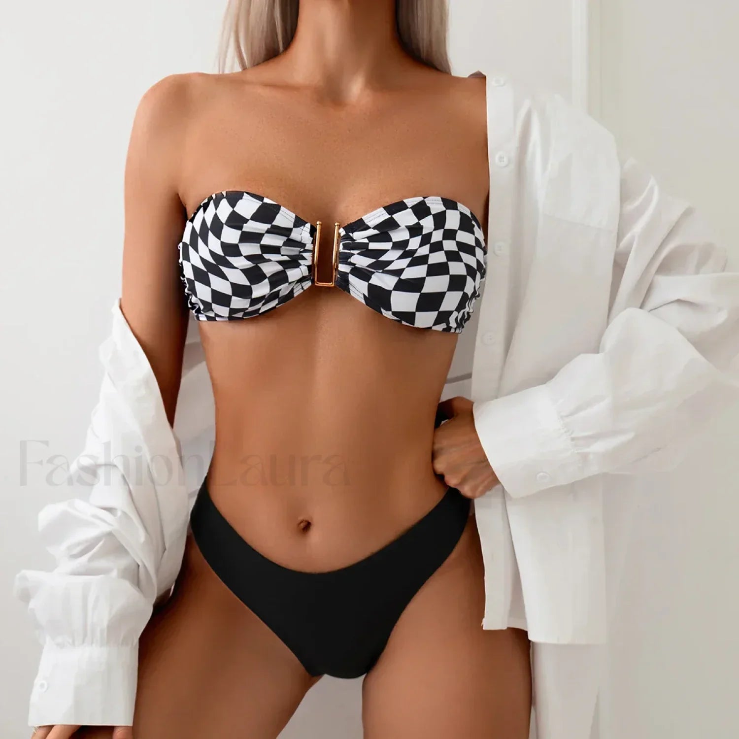Push Up Plaid Bandeau Bikini Set