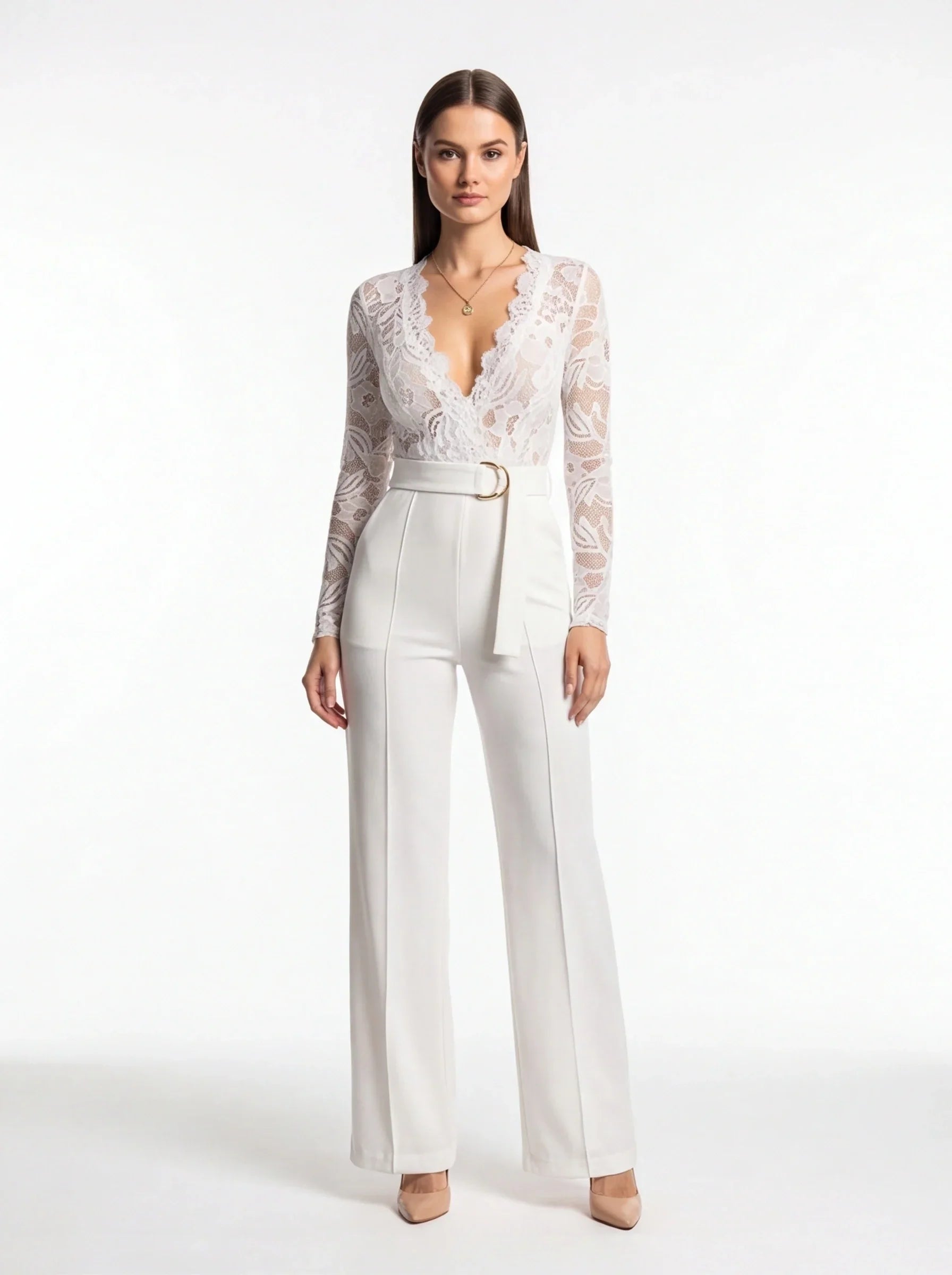 Floral Lace Deep V-Neck Long Sleeve Belted Wide Leg Jumpsuit
