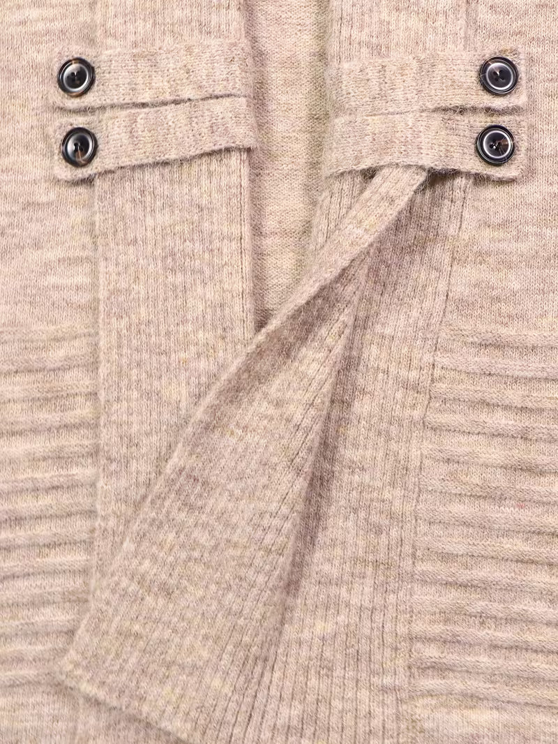 Shawl Collar Open Front Button Tab Ribbed Cardigan