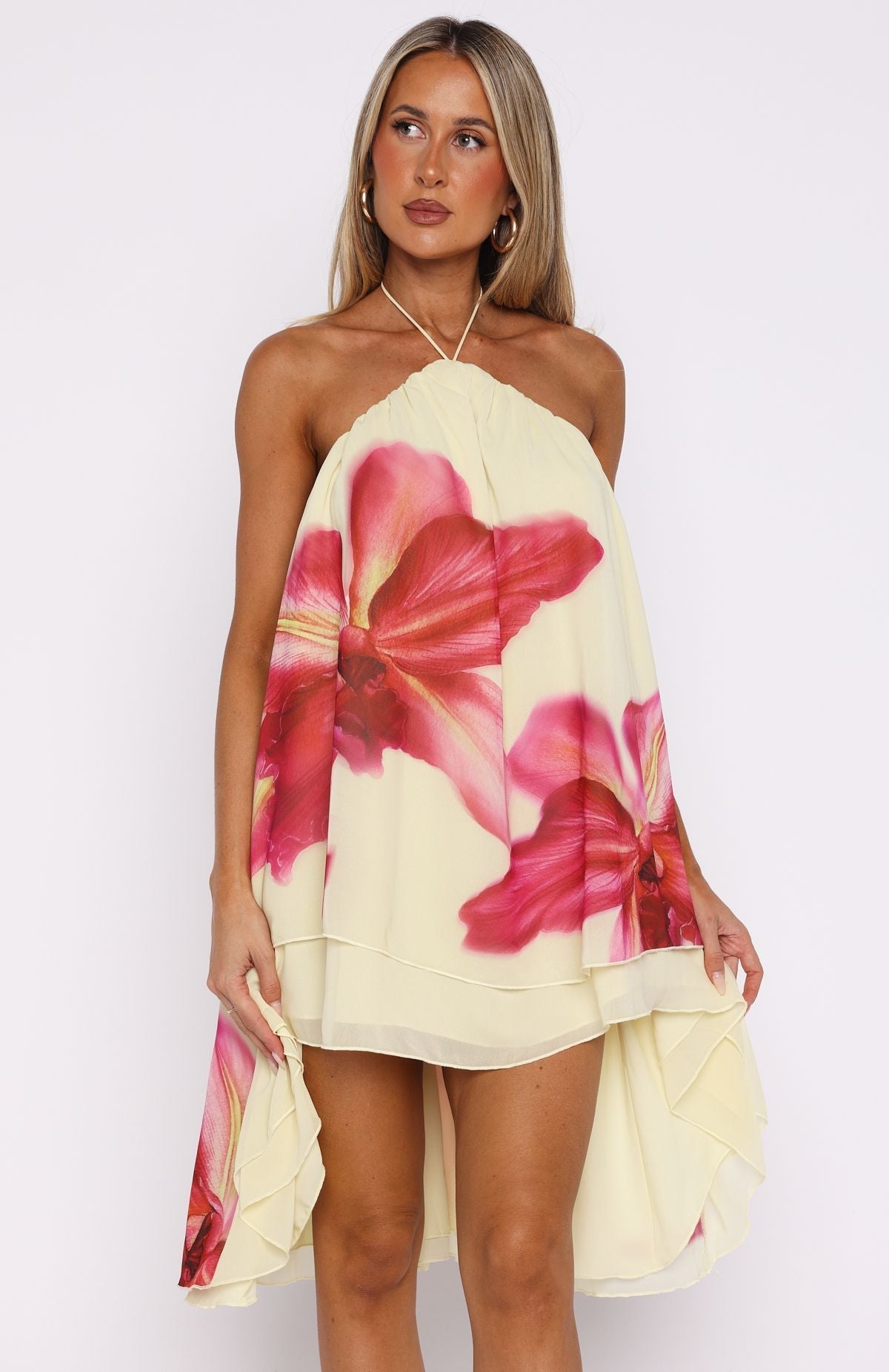 Floral Print Chiffon Halter Open Back Asymmetric Mini Dress 3