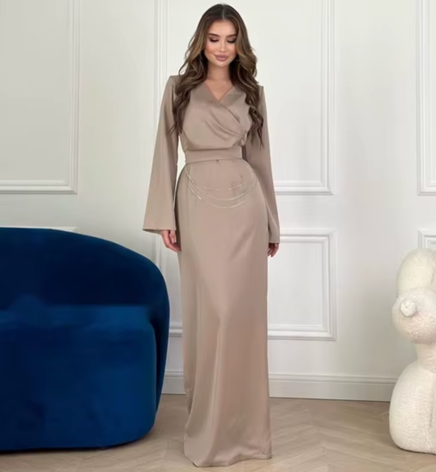 Wrap V-Neck Bell Sleeve Rhinestone Chain Midi Dress