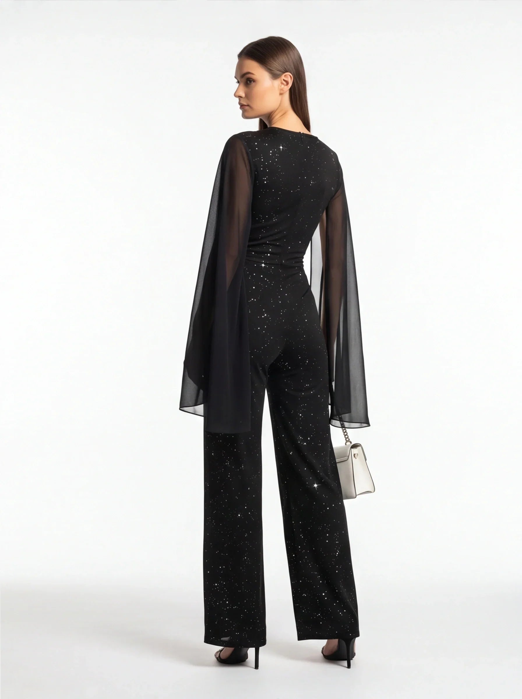 Glitter Chiffon Cape Sleeve Wide Leg Jumpsuit