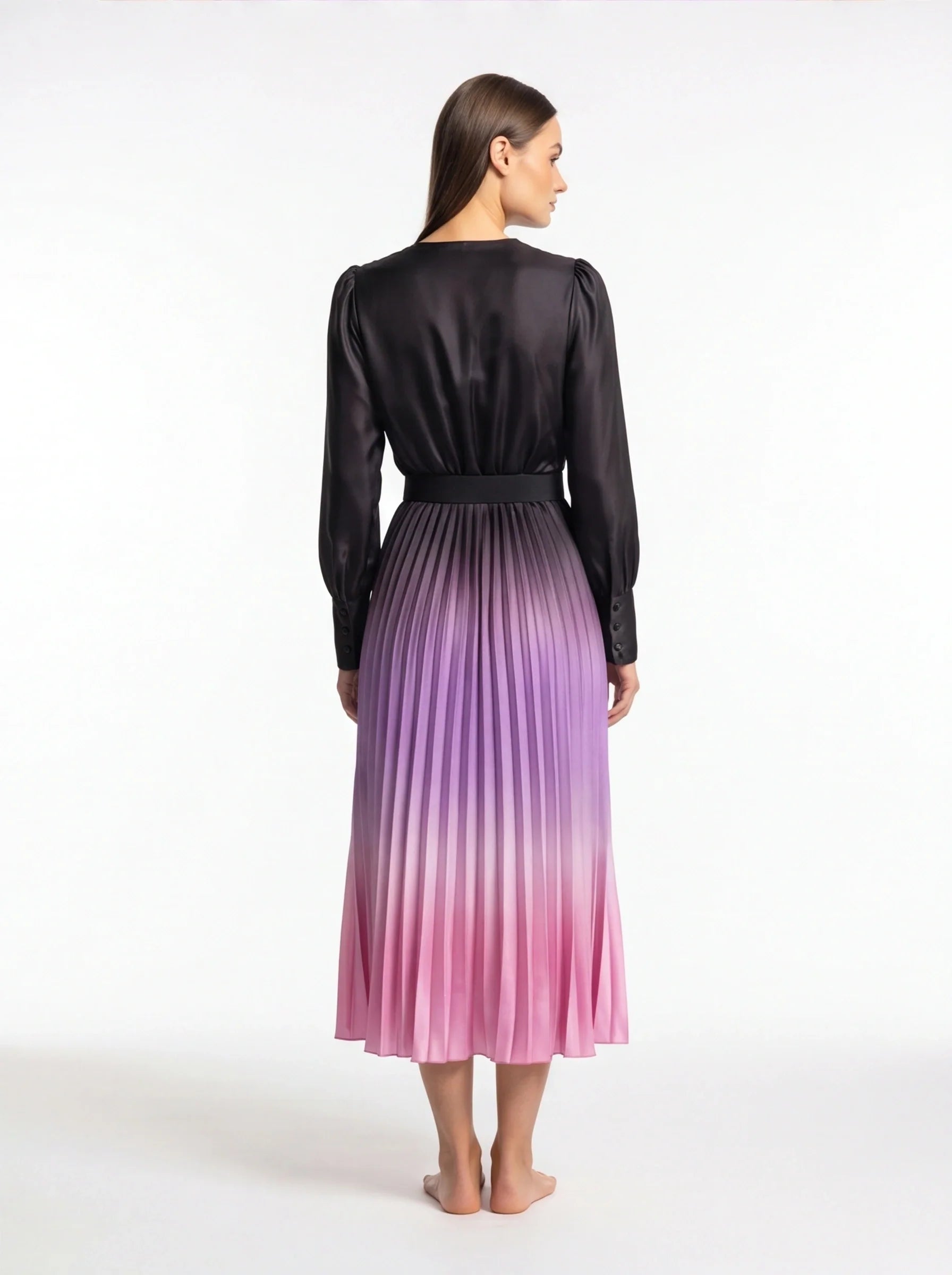 Stylish Ombre Midi Dress with Elegant Sleeves and Flattering Fit