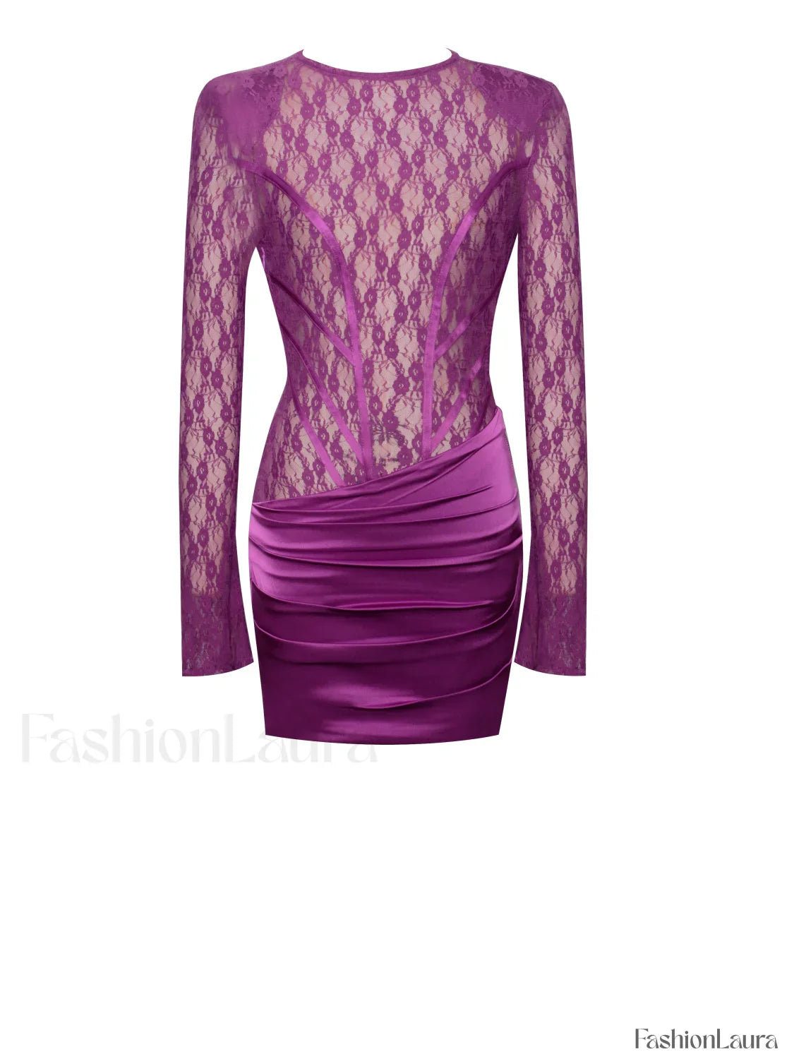 Quartney Purple Long Sleeve Graceful Lace Satin Mini Dress