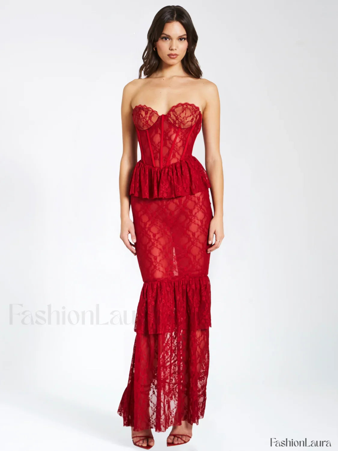 Quennell Burgundy Lace Charming Corset Maxi Dress
