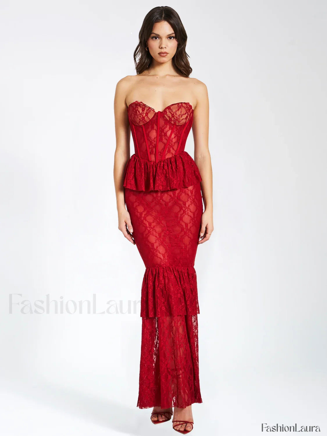Quennell Burgundy Lace Charming Corset Maxi Dress