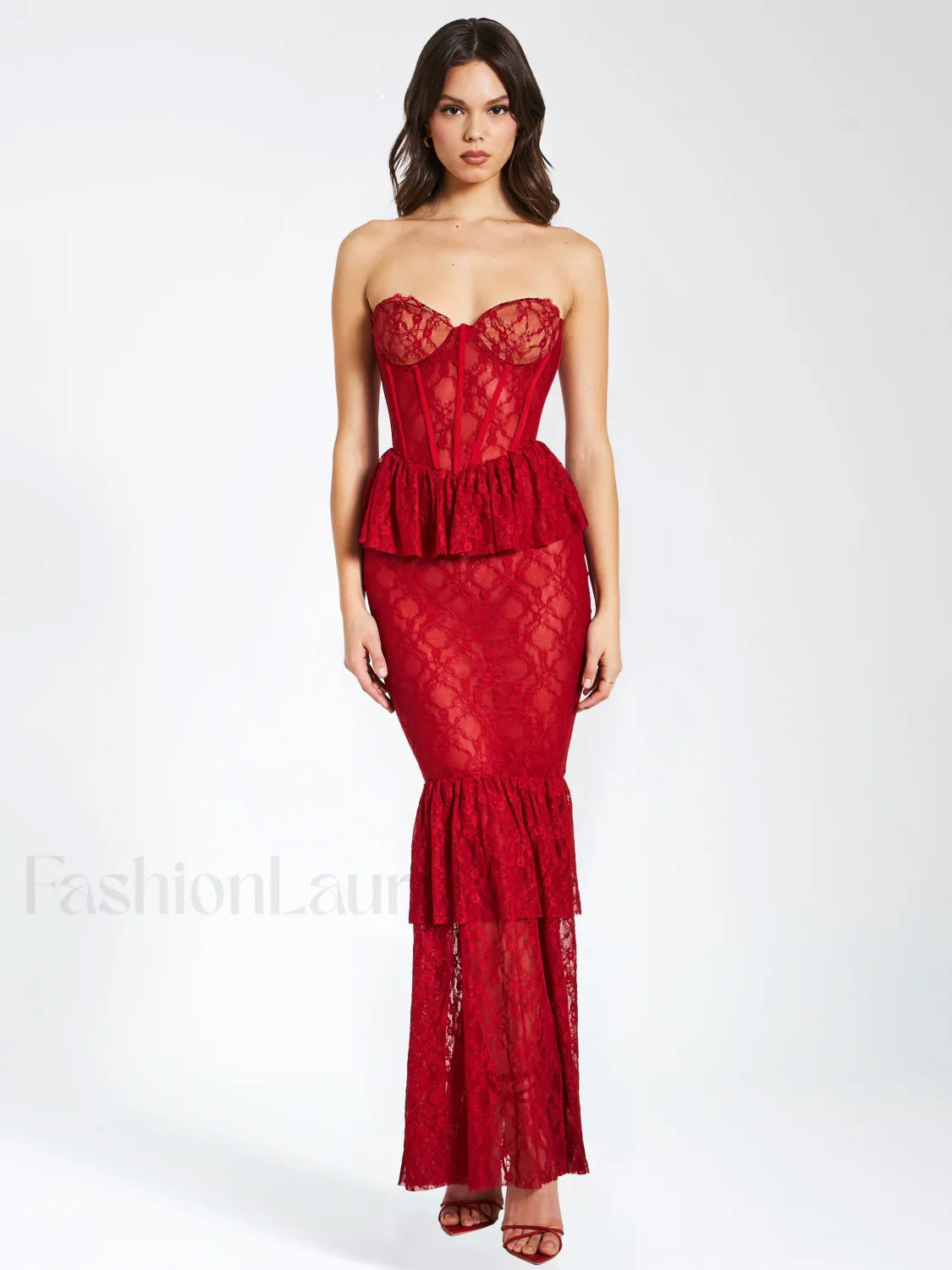 Quennell Burgundy Lace Charming Corset Maxi Dress