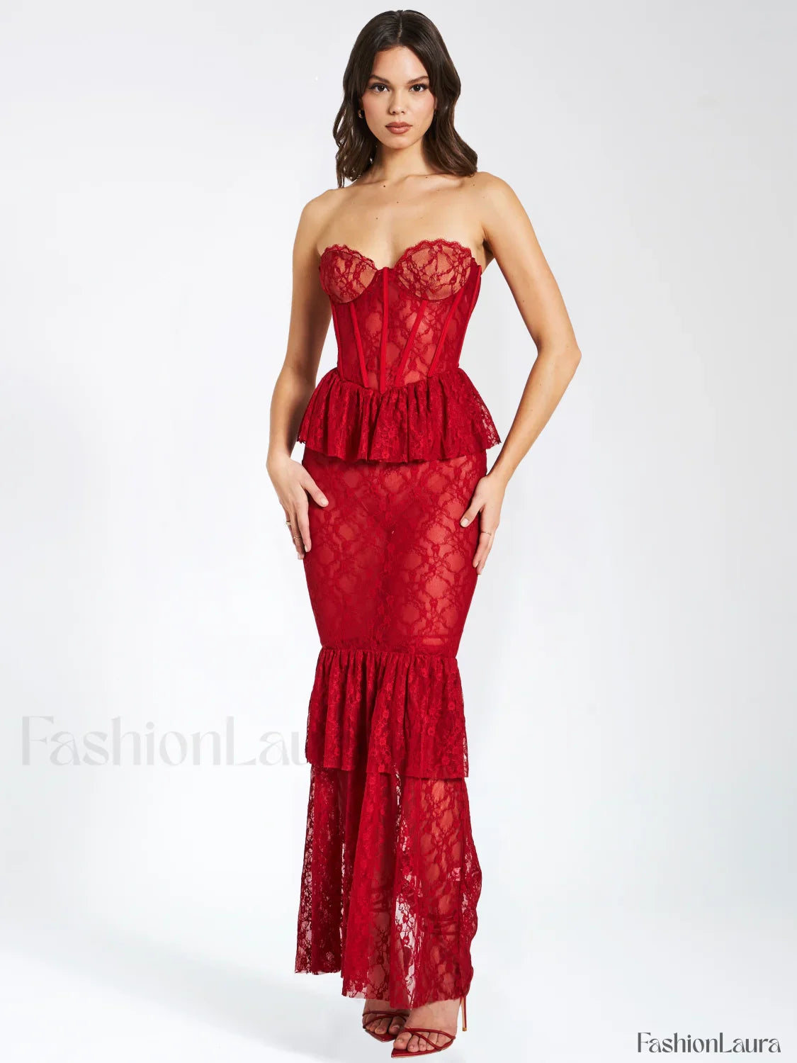 Quennell Burgundy Lace Charming Corset Maxi Dress