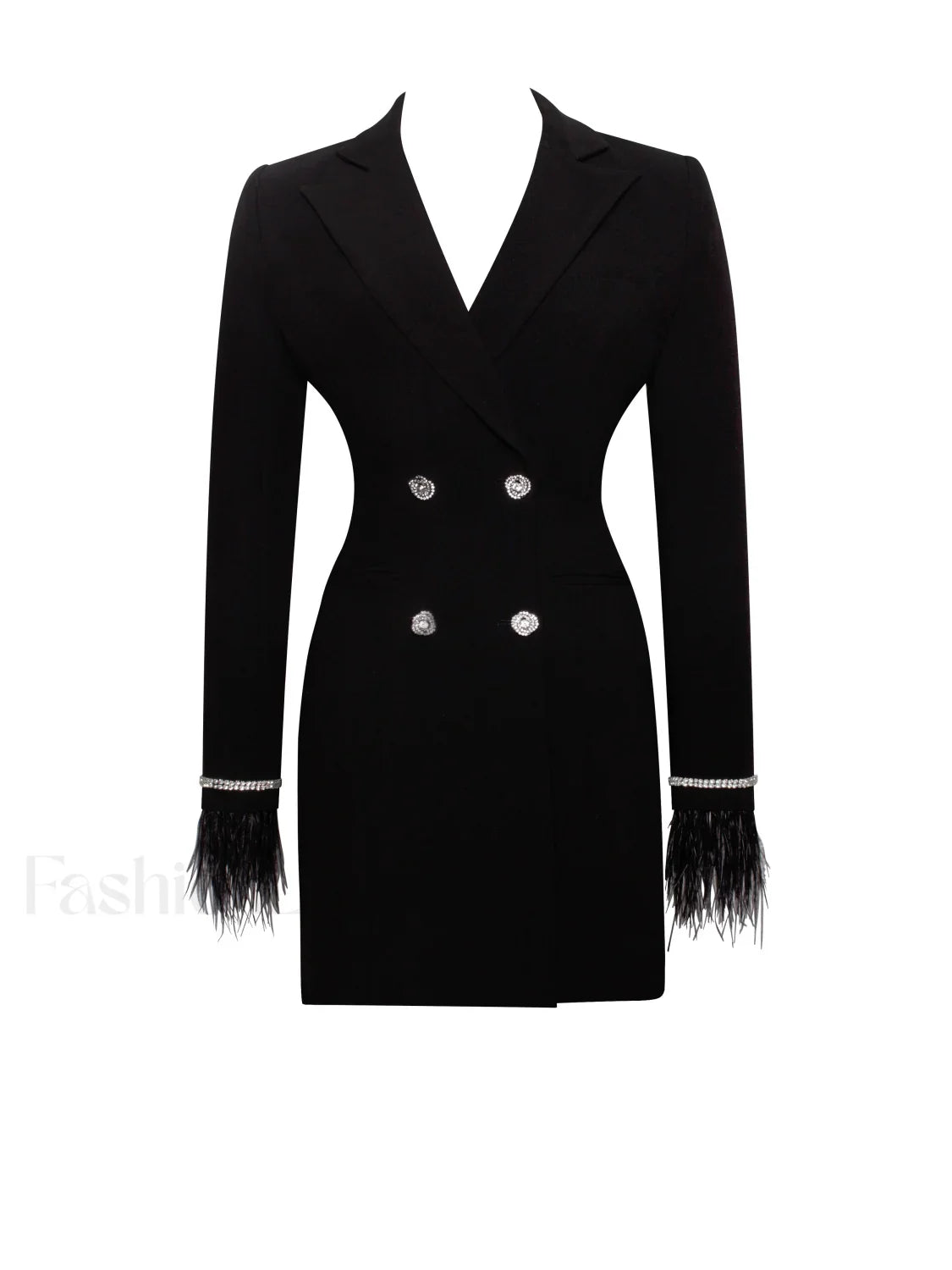 Quilla Black Feather Crystal Graceful Sleeve Backless Blazer Dress
