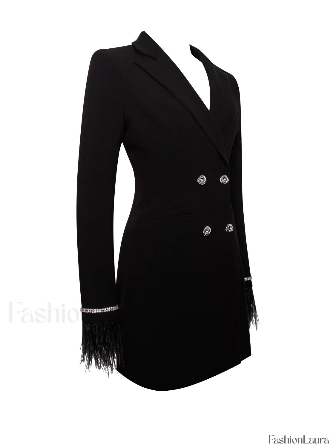 Quilla Black Feather Crystal Graceful Sleeve Backless Blazer Dress