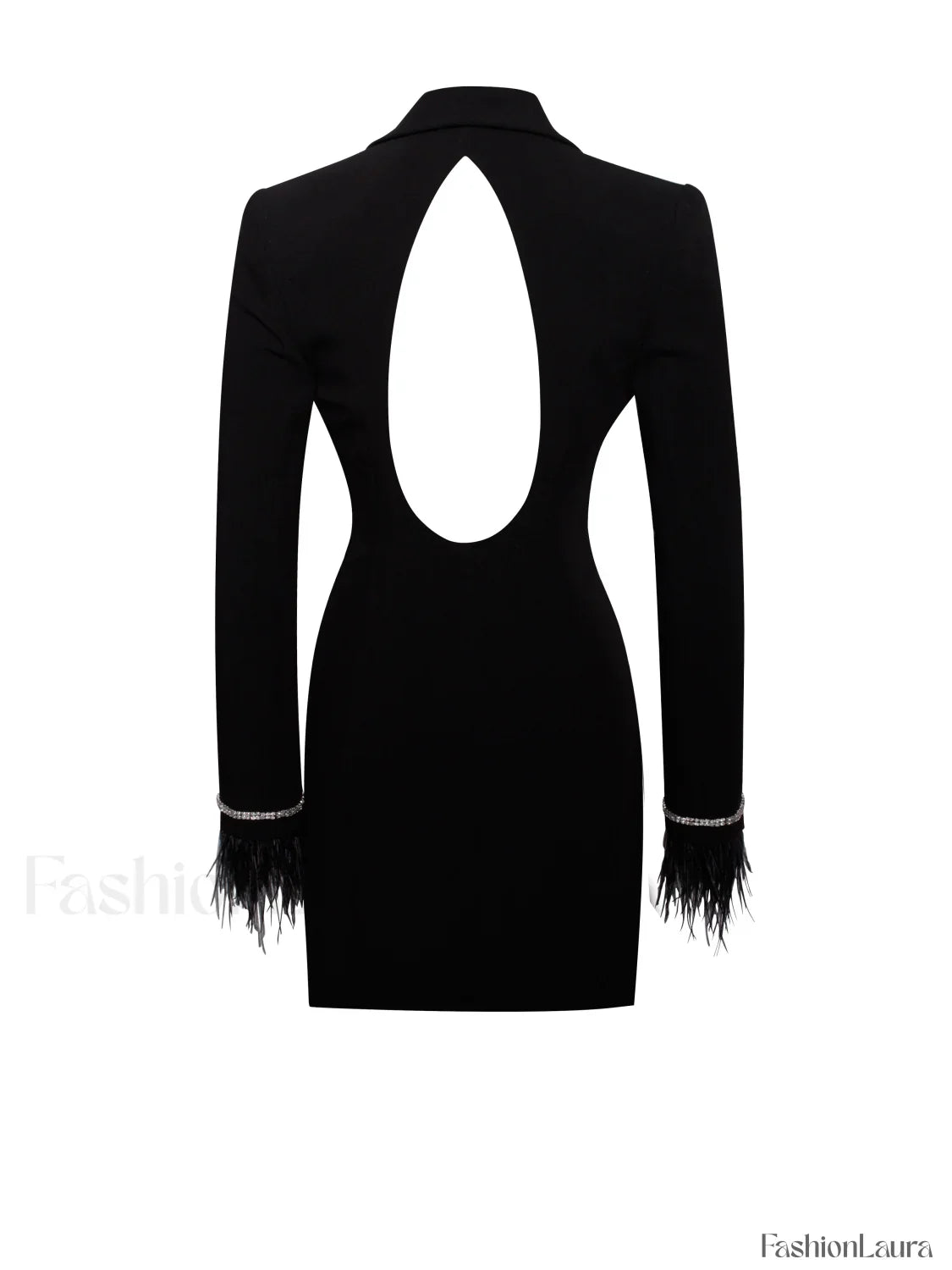 Quilla Black Feather Crystal Graceful Sleeve Backless Blazer Dress