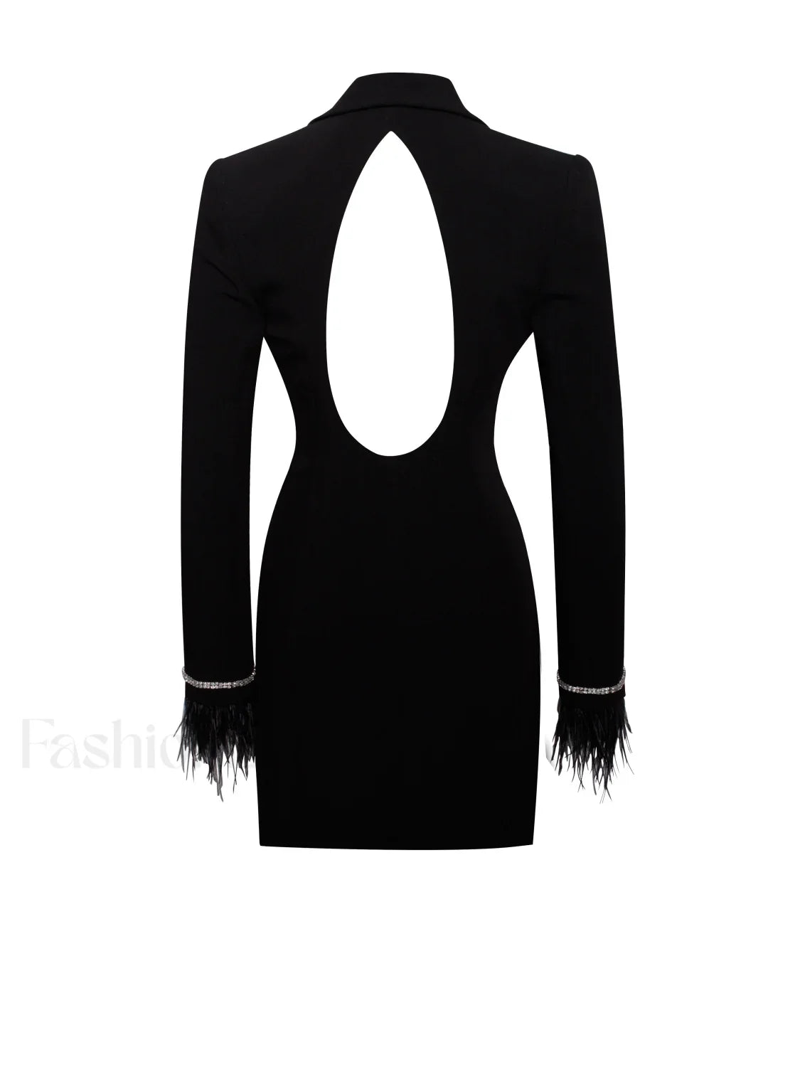 Quilla Black Feather Crystal Graceful Sleeve Backless Blazer Dress