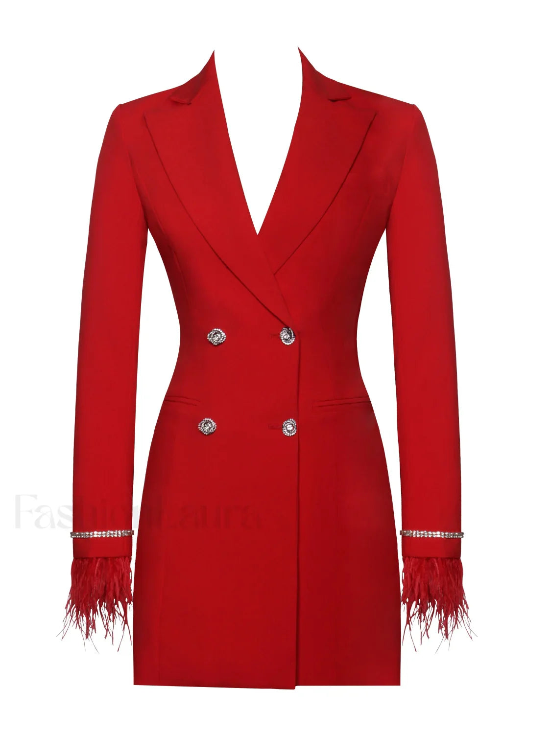 Quilla Red Feather Crystal Graceful Sleeve Backless Blazer Dress