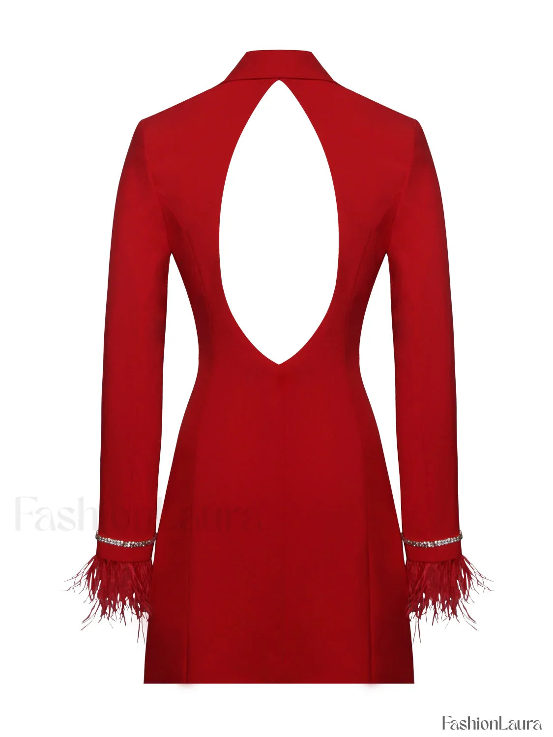 Quilla Red Feather Crystal Graceful Sleeve Backless Blazer Dress