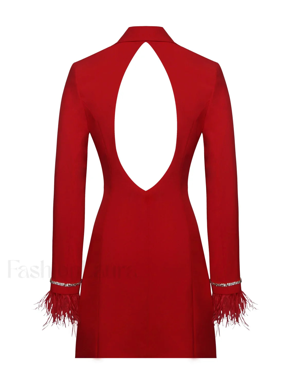 Quilla Red Feather Crystal Graceful Sleeve Backless Blazer Dress