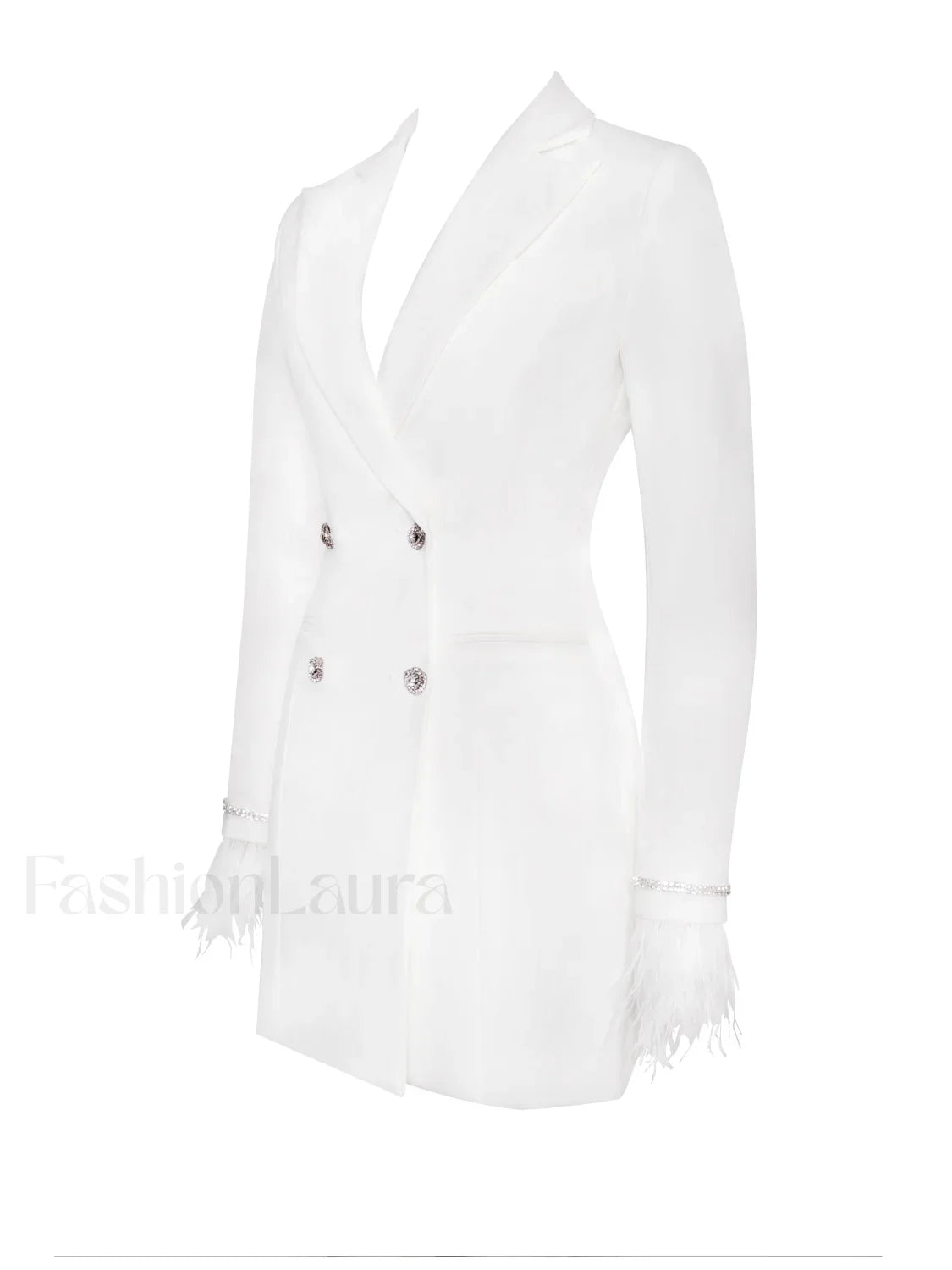 Quilla White Feather Crystal Graceful Sleeve Backless Blazer Dress