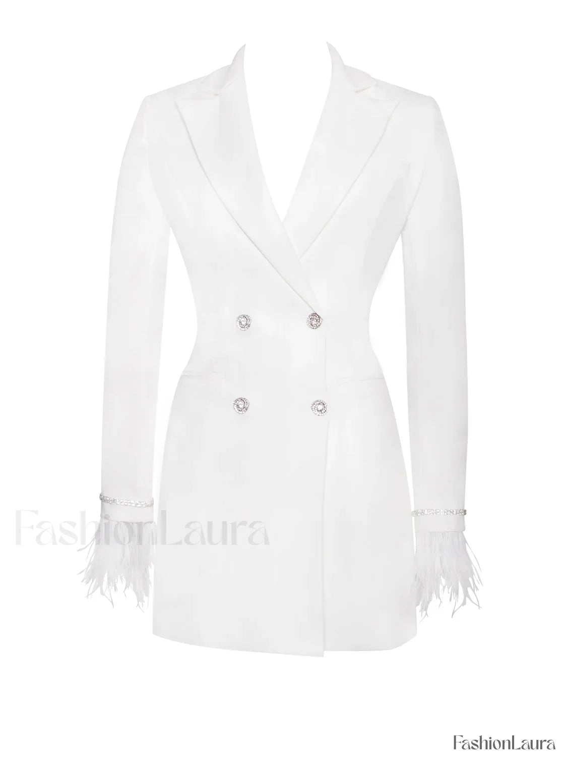 Quilla White Feather Crystal Graceful Sleeve Backless Blazer Dress