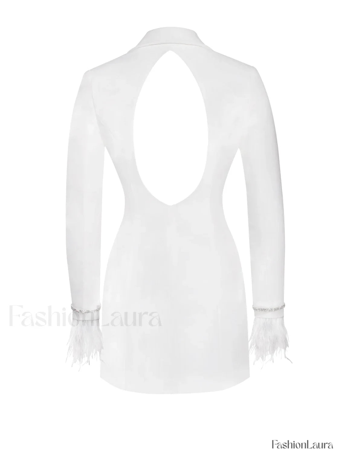 Quilla White Feather Crystal Graceful Sleeve Backless Blazer Dress