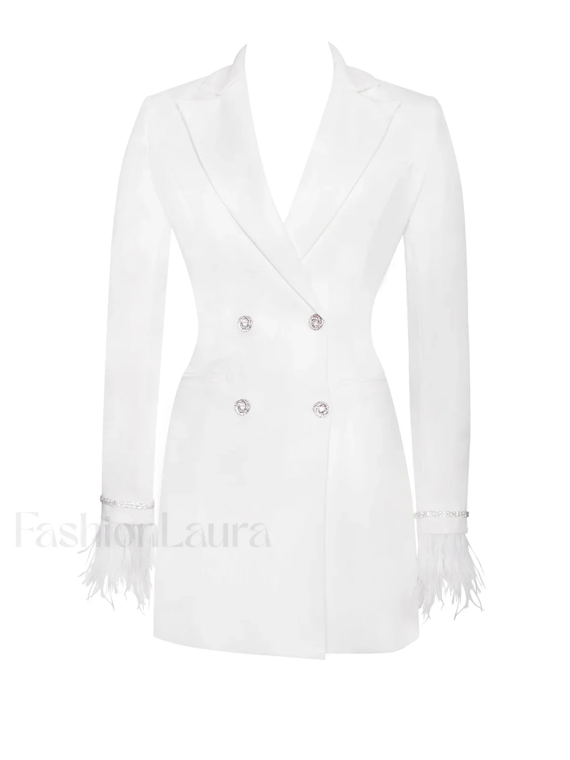 Quilla White Feather Crystal Graceful Sleeve Backless Blazer Dress