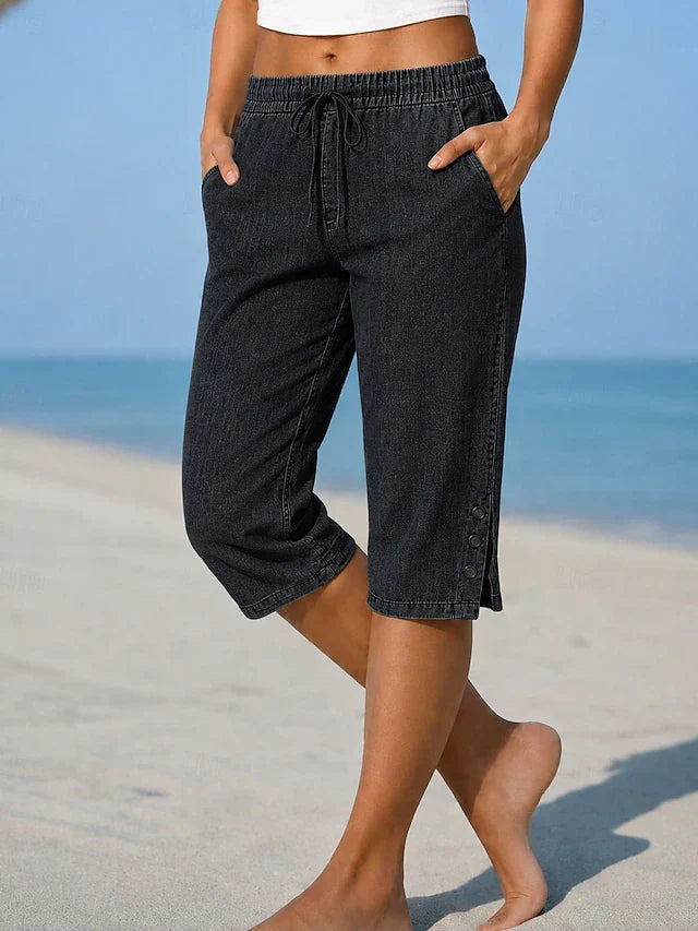 Drawstring Waist Button Hem Cropped Capri Pants