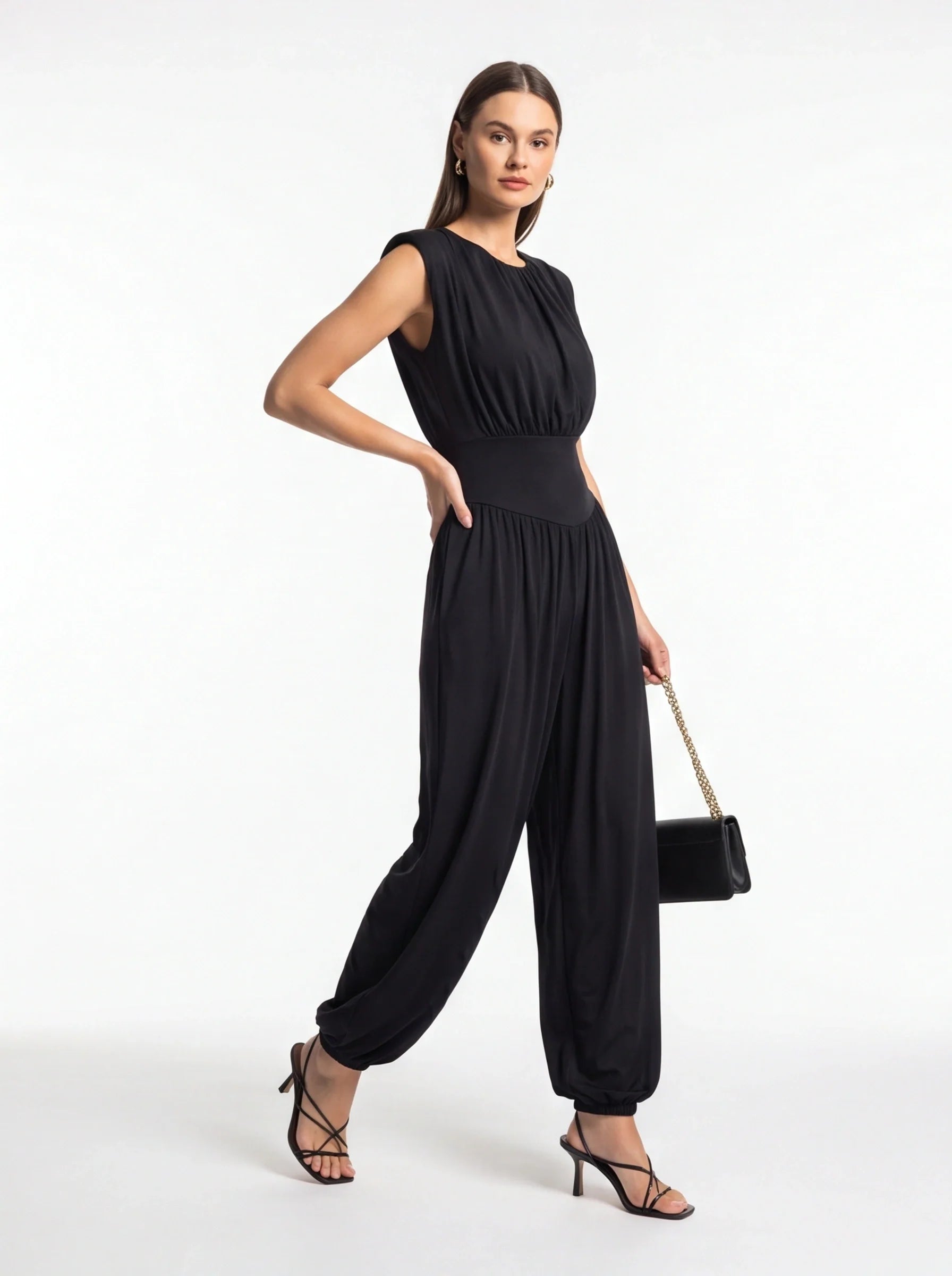 Elegant Casual Ruched Jumpsuit with Adjustable Straps & Pockets